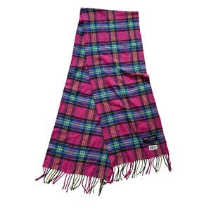 Women's Hand Tailored German Cashmere Plaid Scarf Pink Green Fringe Hem